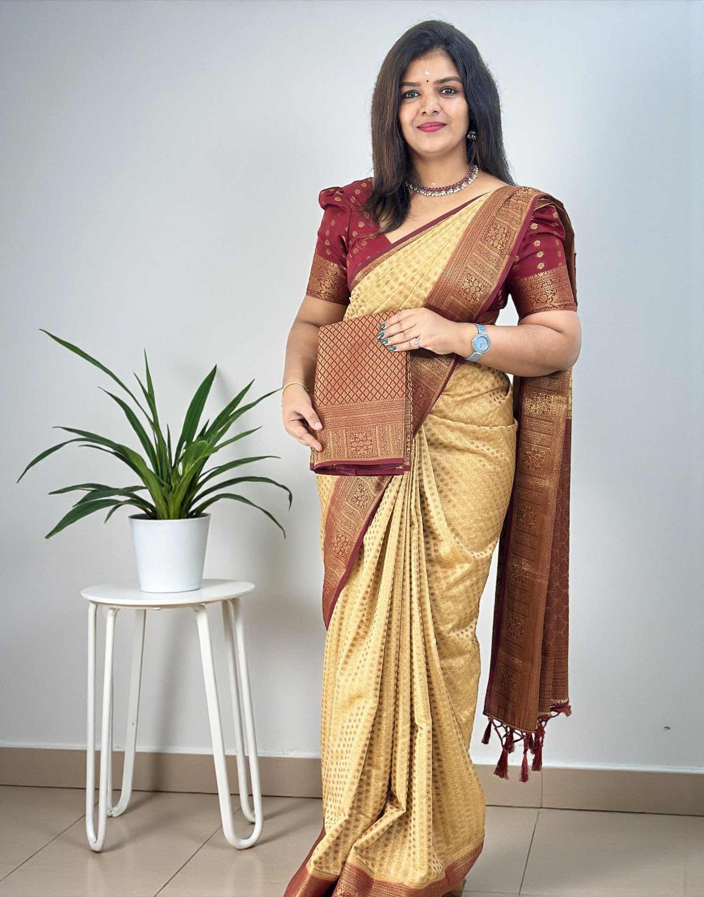 SAREE SEMI BANARASI CHIKKU n MAROON E6768 140226S - ELENTRA DESIGNS BY NIMI HEINS