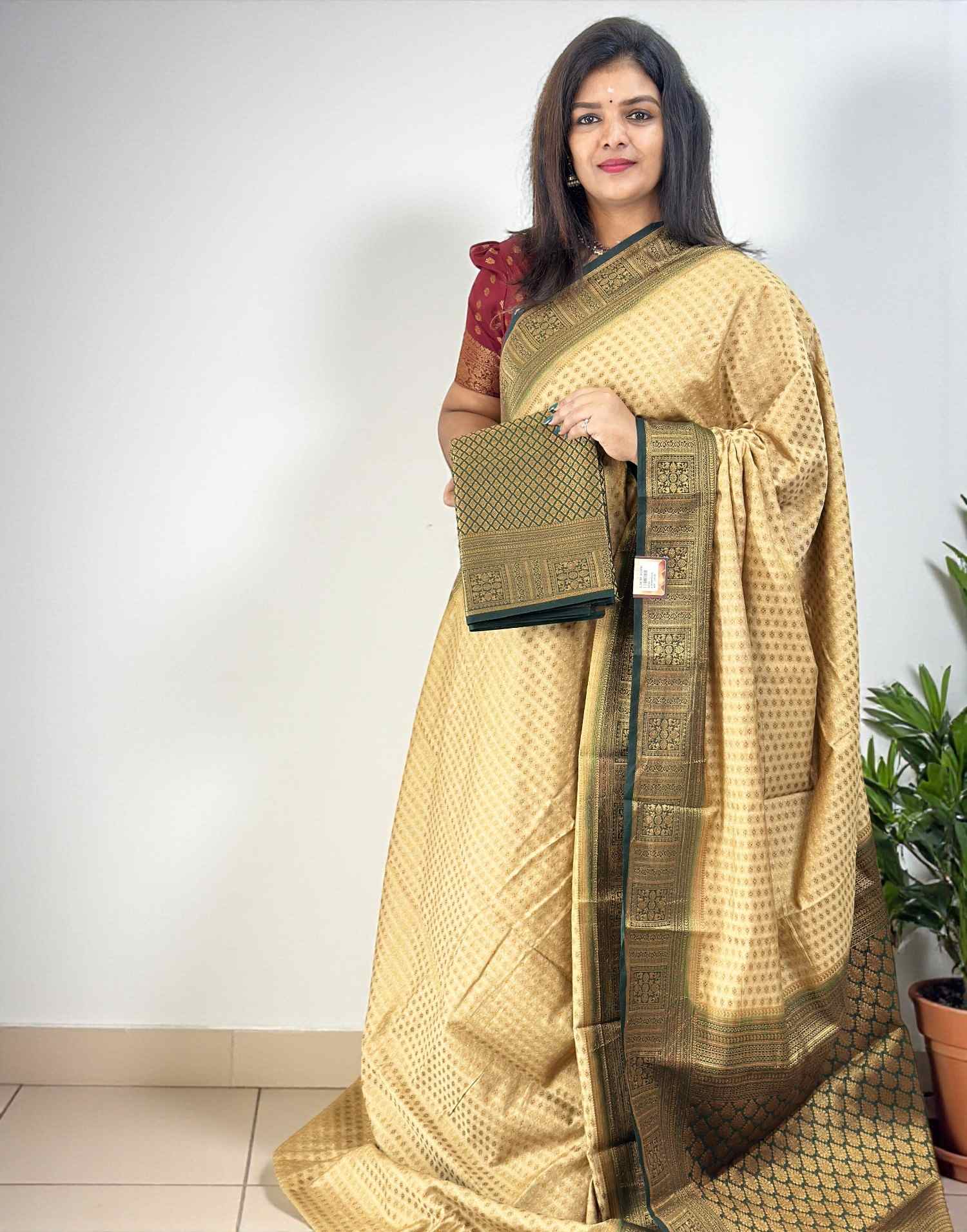 SAREE SEMI BANARASI CHIKKU n GREEN E6769 140226S - ELENTRA DESIGNS BY NIMI HEINS