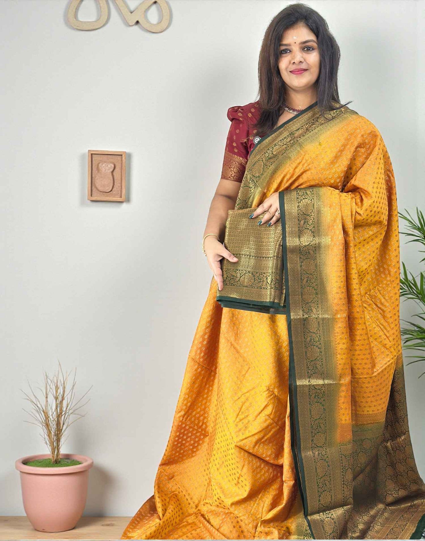 SAREE SEMI BANARASI MANGO YELLOW n GREEN E6770 140226S - ELENTRA DESIGNS BY NIMI HEINS