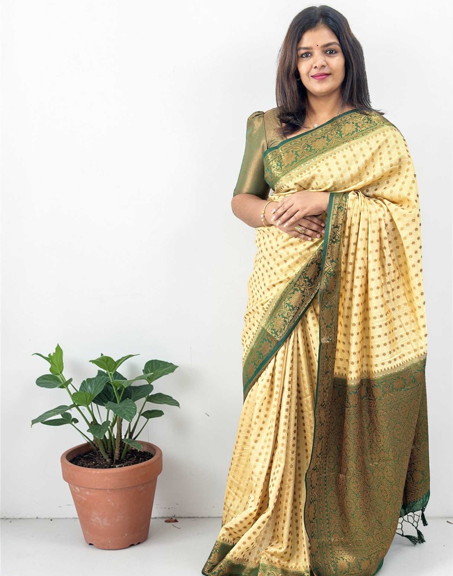 SAREE SEMI BANARASI CHIKKU n GREEN E6770 030326S - ELENTRA DESIGNS BY NIMI HEINS
