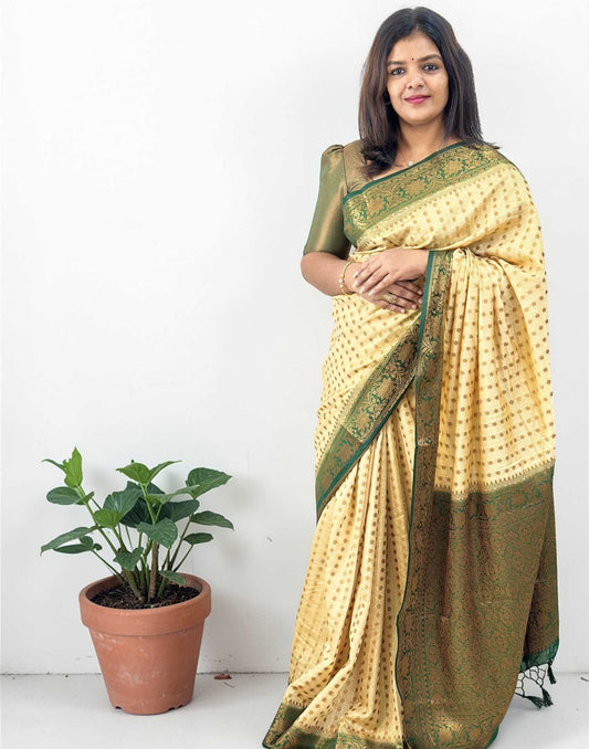 SAREE SEMI BANARASI CHIKKU n GREEN E6770 030326S - ELENTRA DESIGNS BY NIMI HEINS