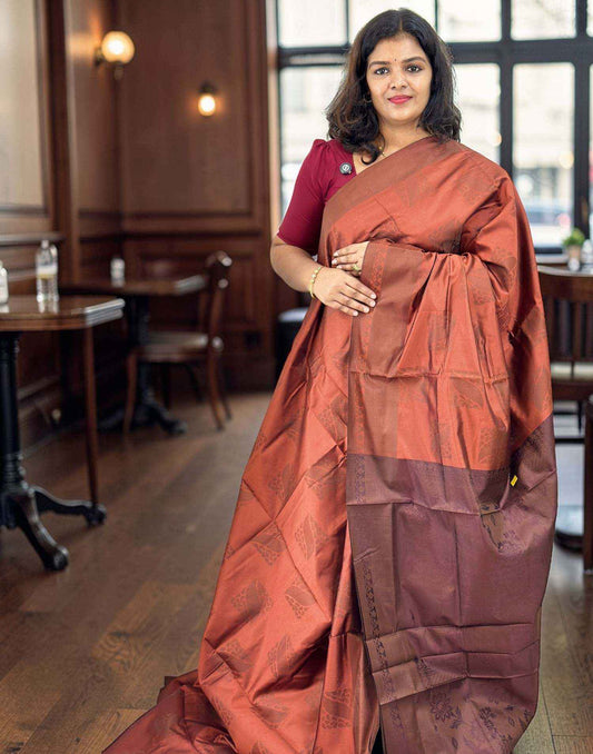 SAREE SOFT SILK DARK RUST n DARK BROWN E6811 020426S - ELENTRA DESIGNS BY NIMI HEINS
