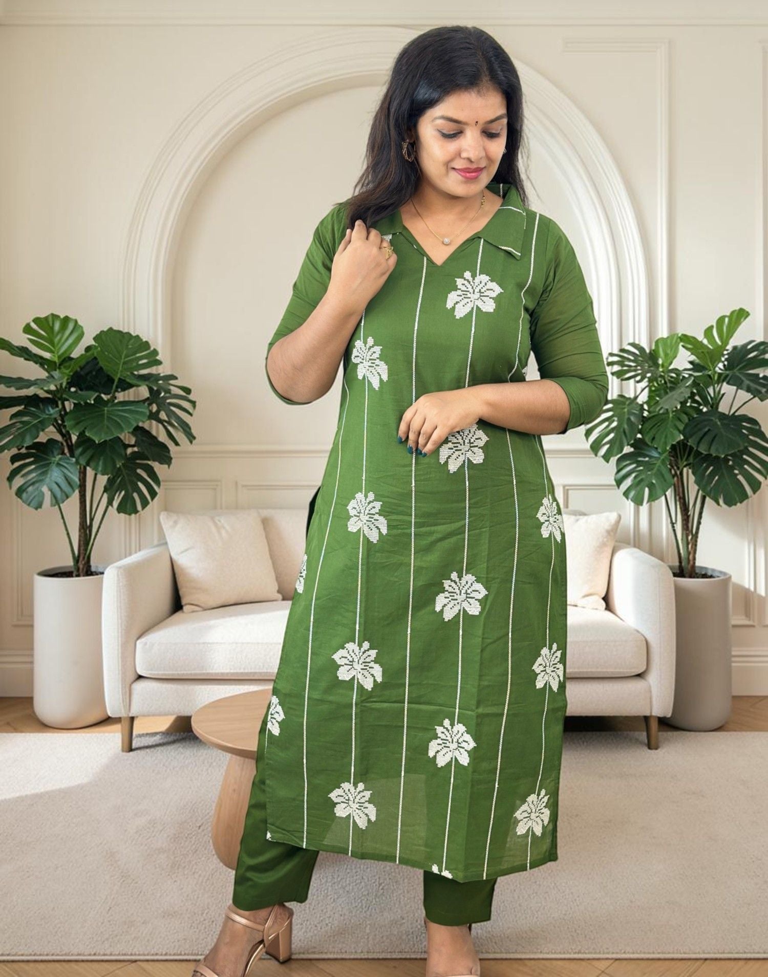KURTI SET LEAFY GREEN E7344 260926KS - ELENTRA DESIGNS BY NIMI HEINS