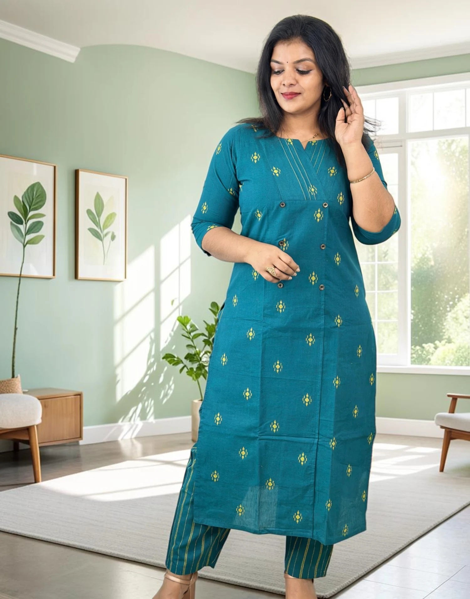 SOUTH COTTON KURTI SET PEACOCK GREEN E7349 300926KS - ELENTRA DESIGNS BY NIMI HEINS