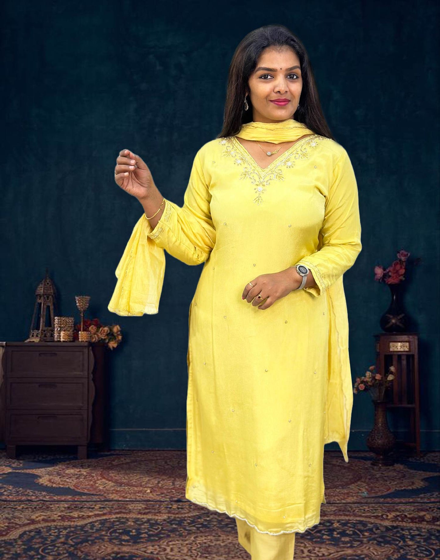 220224 (E3123) HANDWORK KURTI SET - Yellow