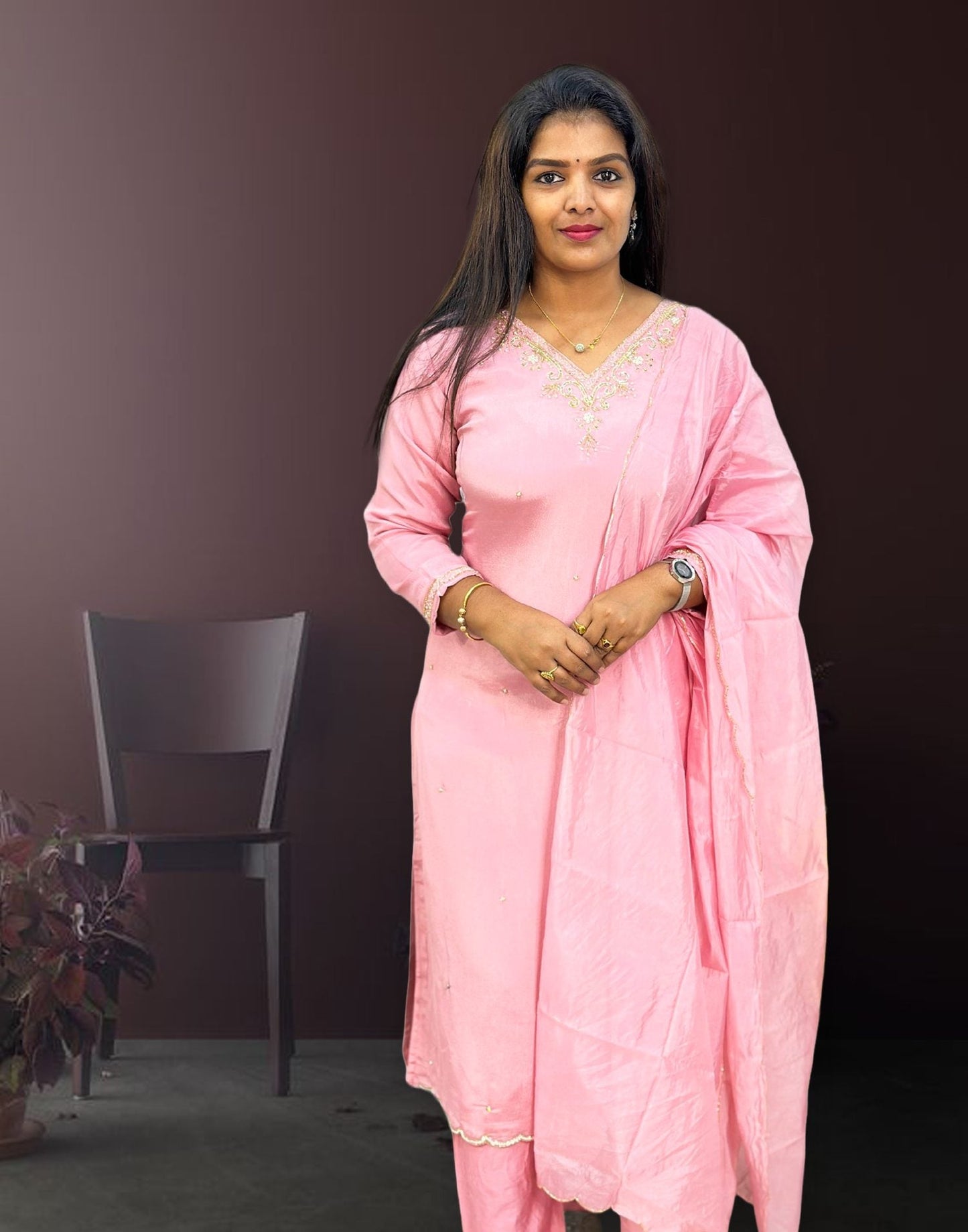 220224 (E3123) HANDWORK KURTI SET - Pink