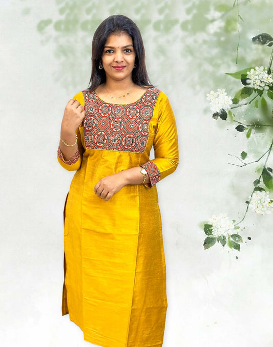 210624A (E3895) HAND WORKED KURTI - Yellow & Brick