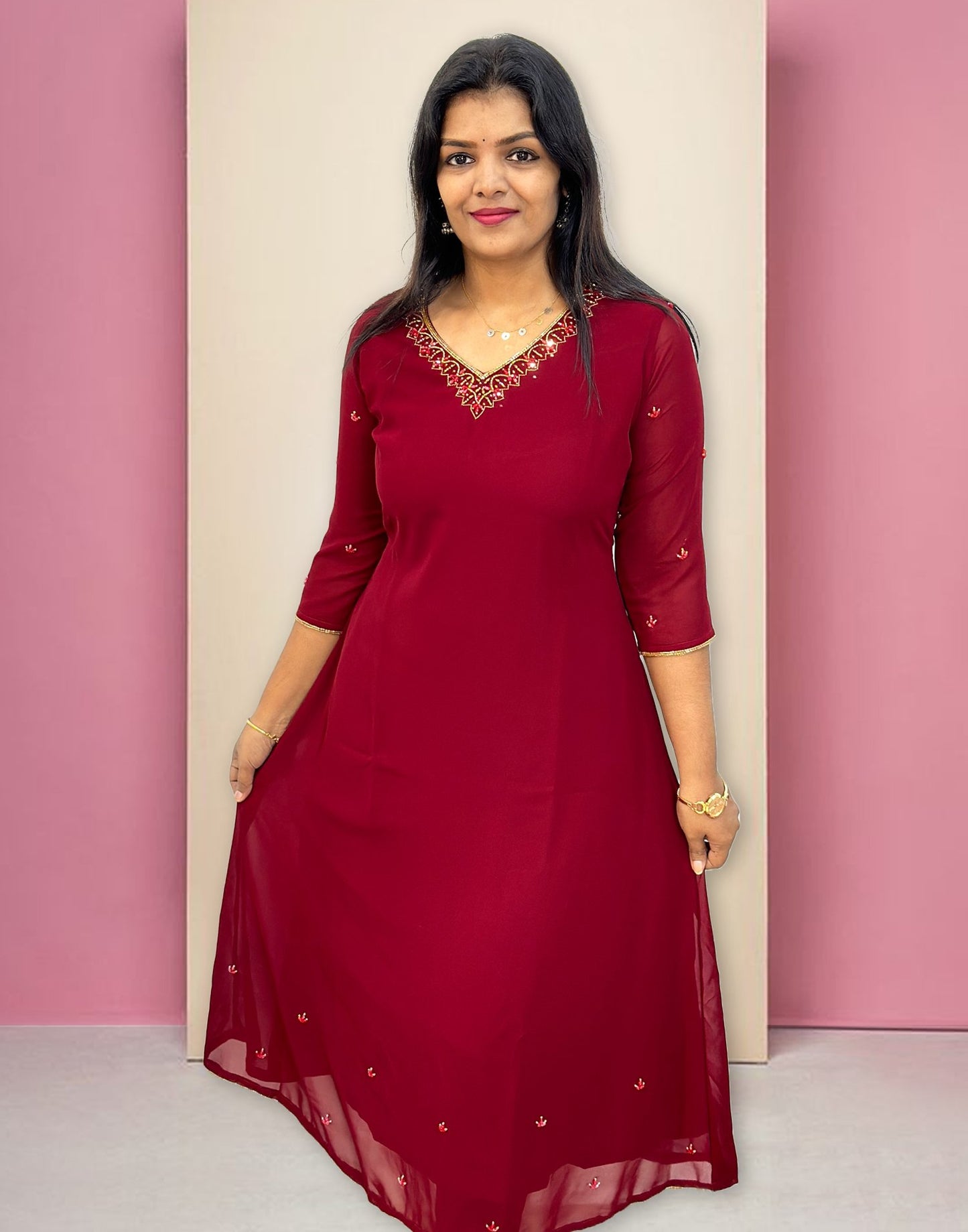 110824A (E4129) HANWORKED A-LINE KURTI - Maroon