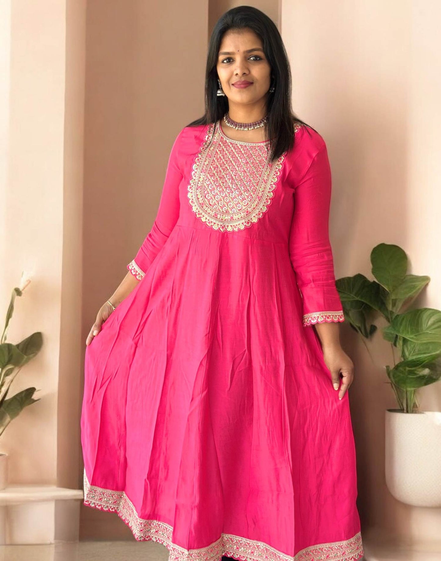 210225Q (E5371) ANARKALI KURTI - Rani Pink