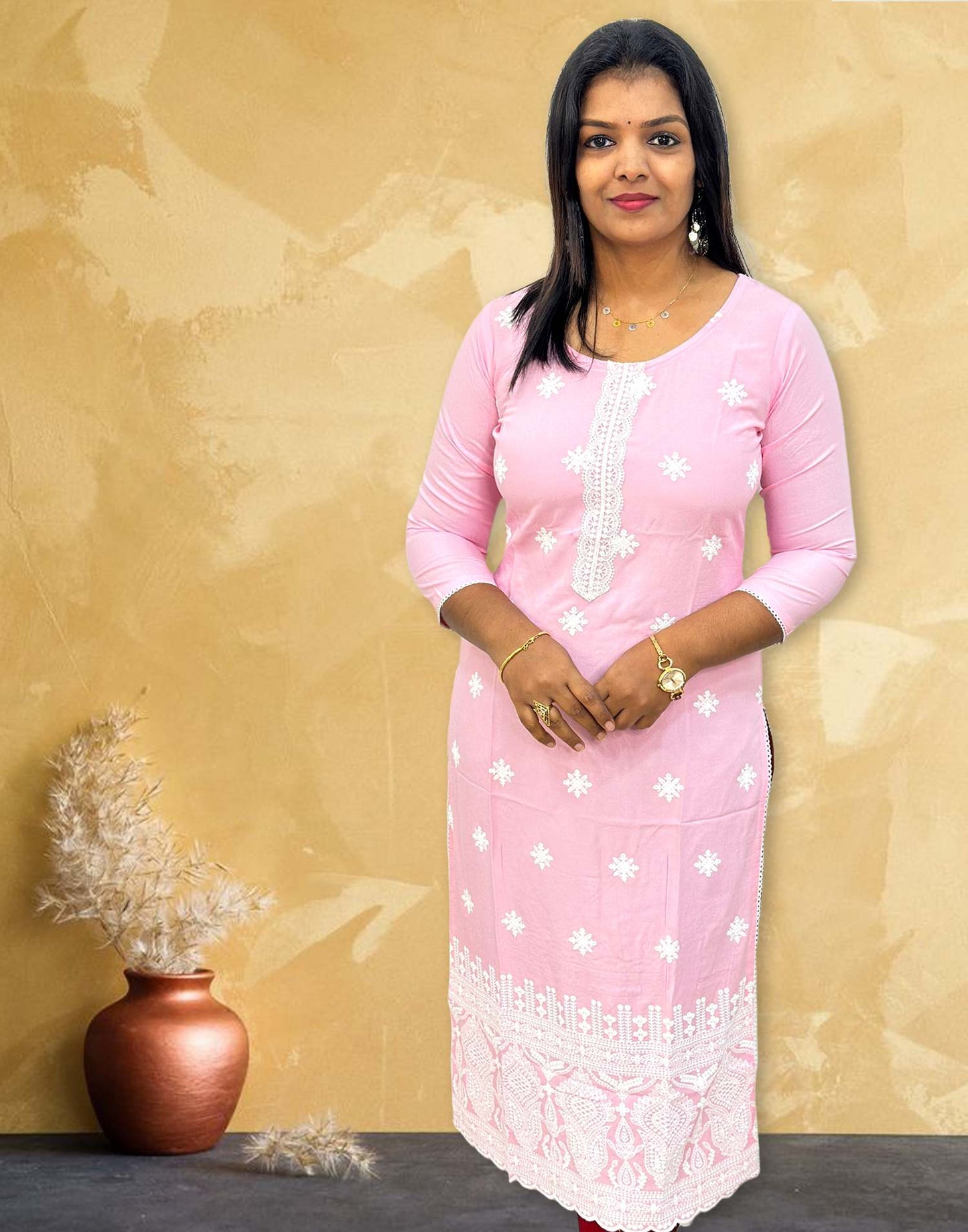 010824C (E3961) RAYON CHIKANKARI KURTI - Pink