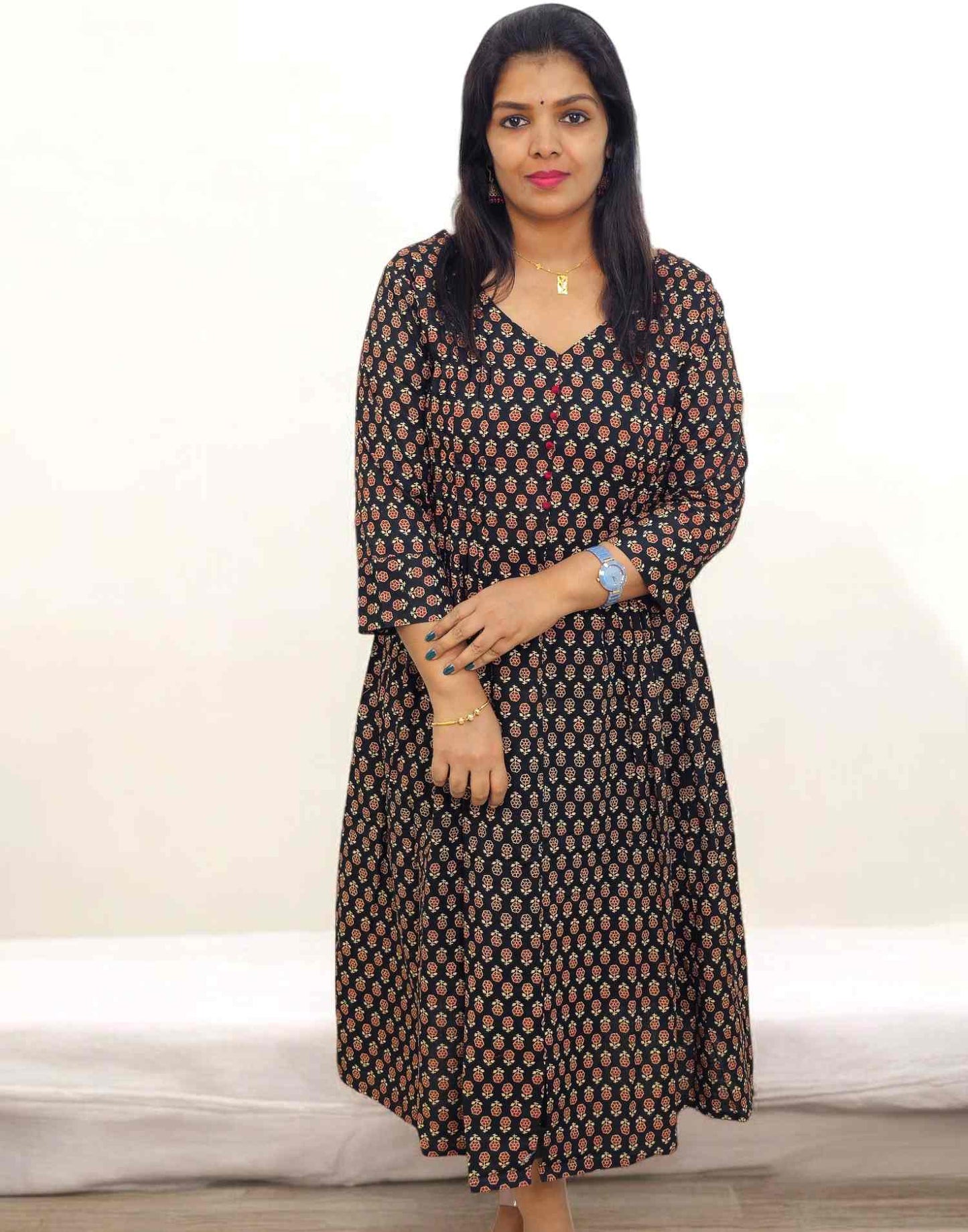 240125D (E5251) DRESSES A-LINE KURTI - Black (Small Flower)