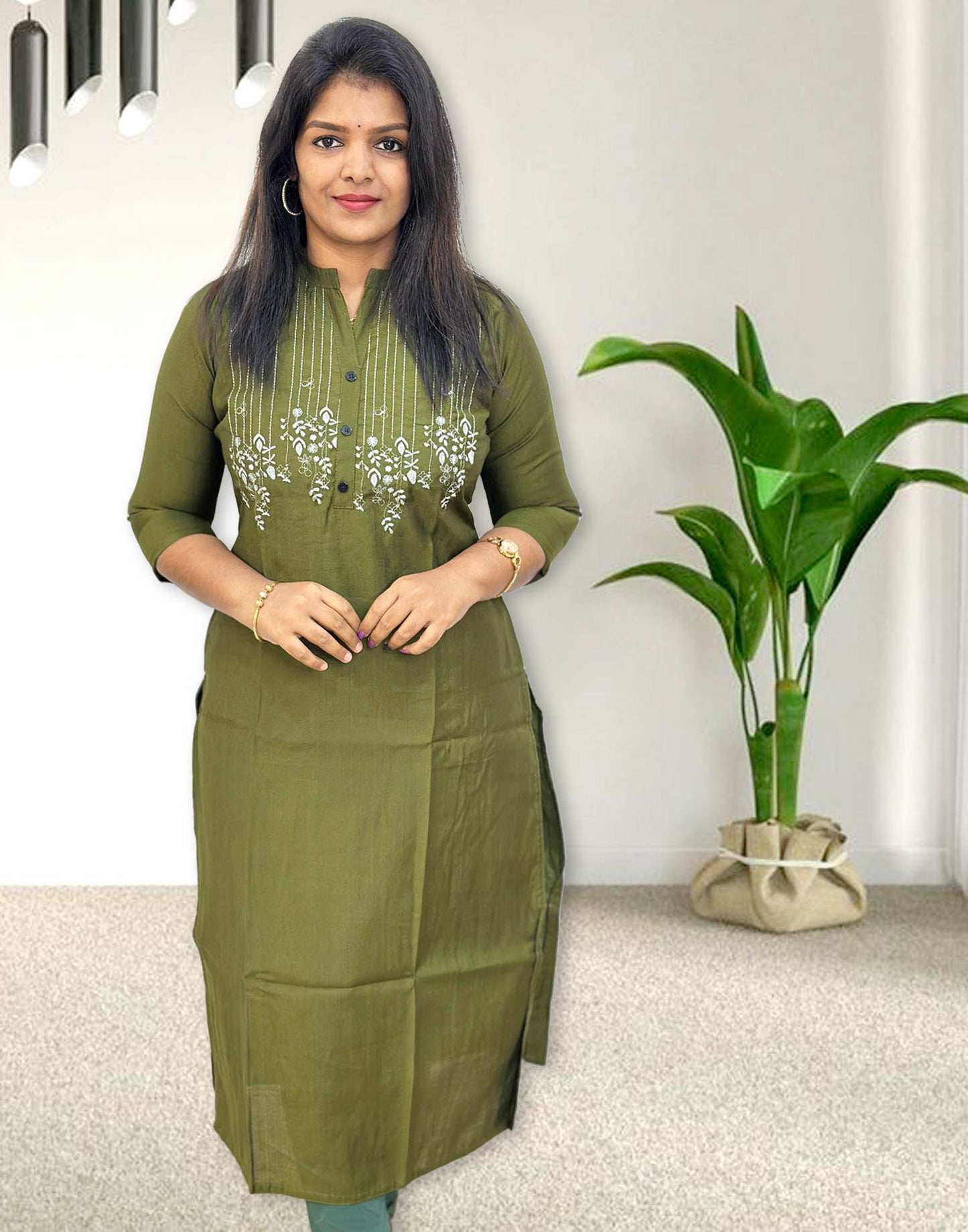 301024C (E4291) EMBROIDERY KURTI - Olive Green