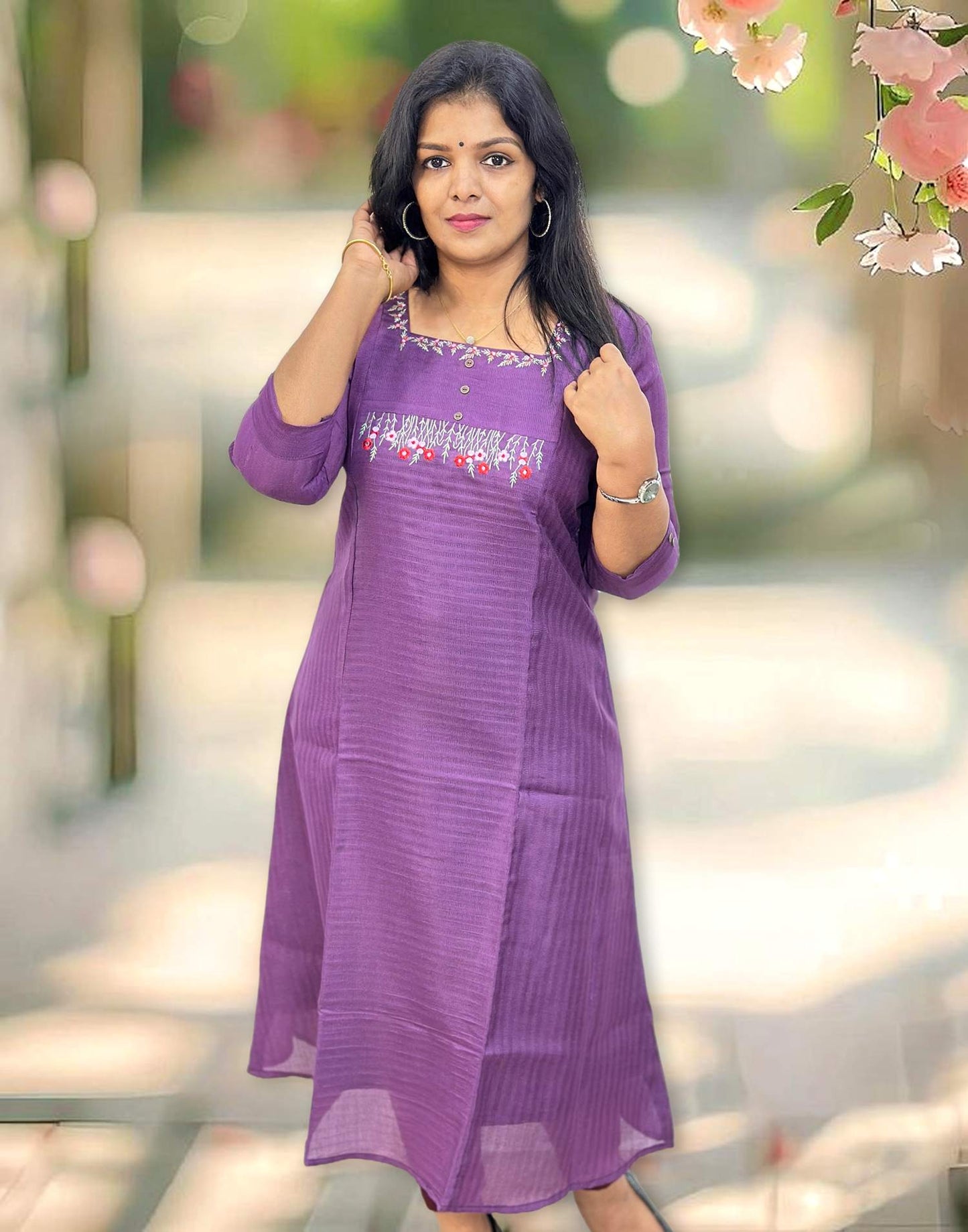 191124C (E4324) EMBROIDERY A-LINE KURTI - Purple