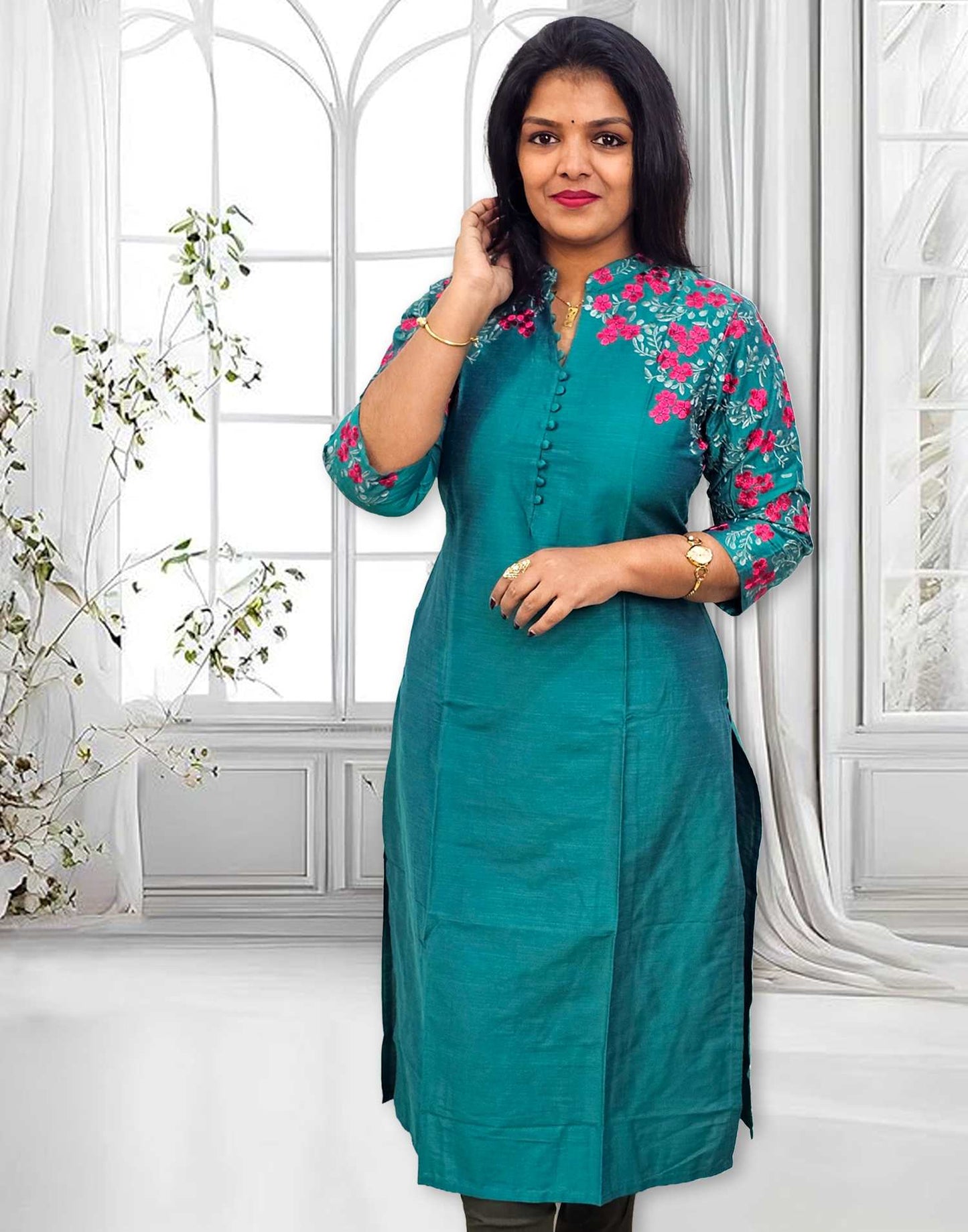 171124C (E4326) DESIGNER EMBROIDERY KURTI - Rama Green