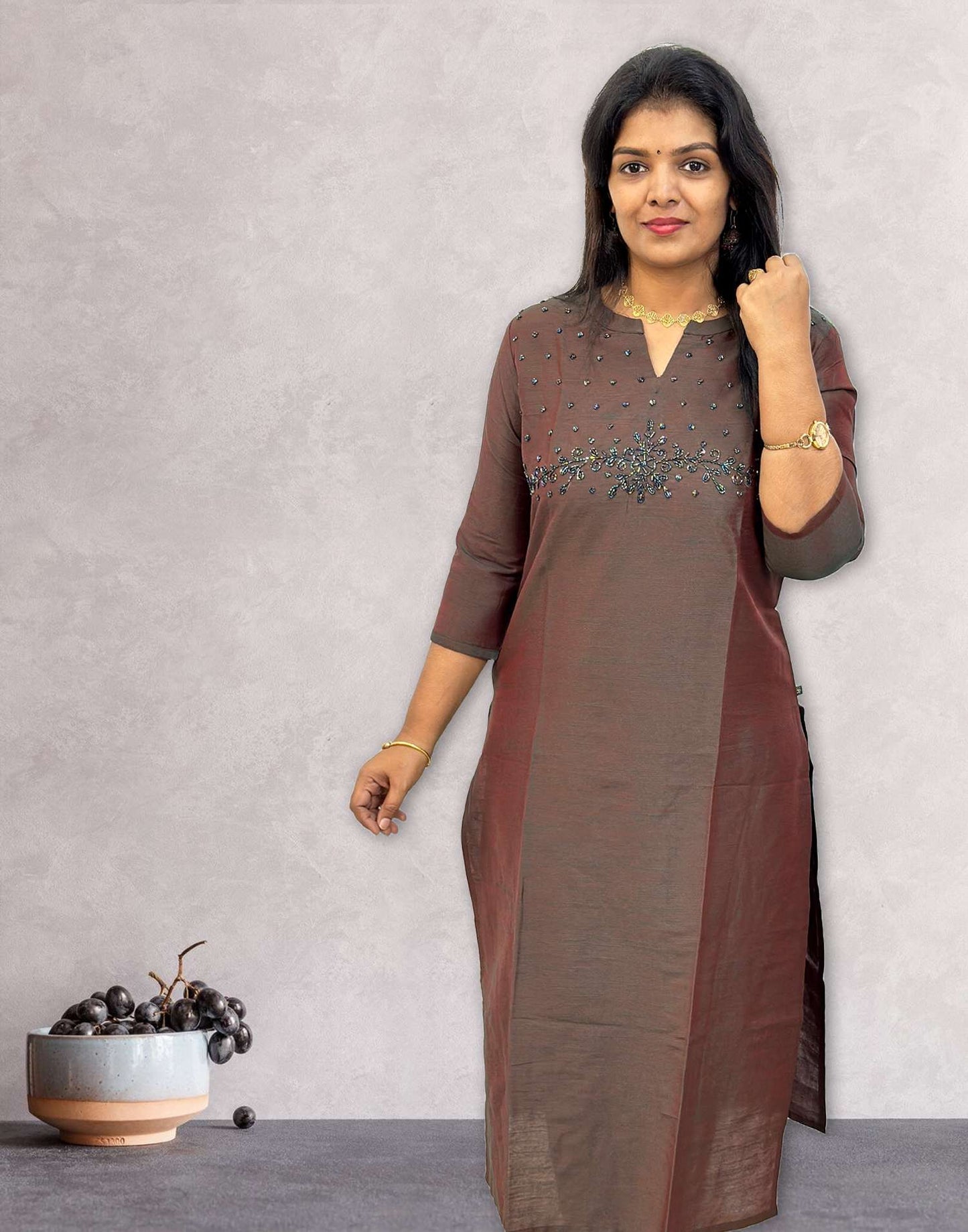 310524A (E3848) BRANDED HANDWORK KURTI - Greenish Brown