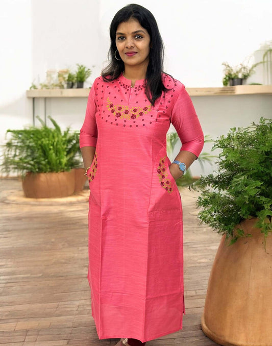 280425Z (E6035) DESIGNER EMBROIDERY KURTI - Peaches Pink