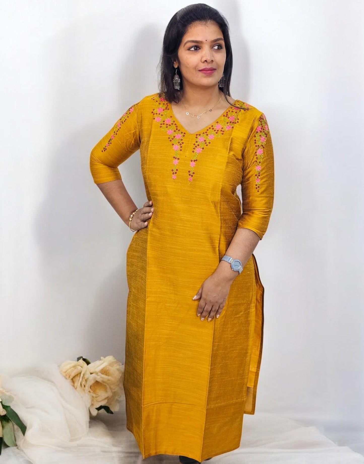 060225A (E5305-5306) DESIGNER EMBROIDERY KURTI - Mustard