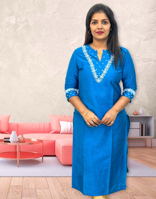 281124C (E4329) DESIGNER EMBROIDERY KURTI - Kingfisher Blue