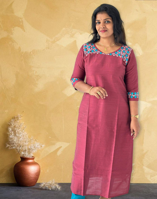 041224C DESIGNER EMBROIDERY KURTI - Chocolate Mauve