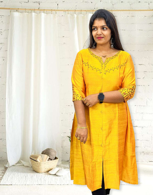 040124 (E3073) EMBROIDERY A-LINE KURTI - Mango Yellow