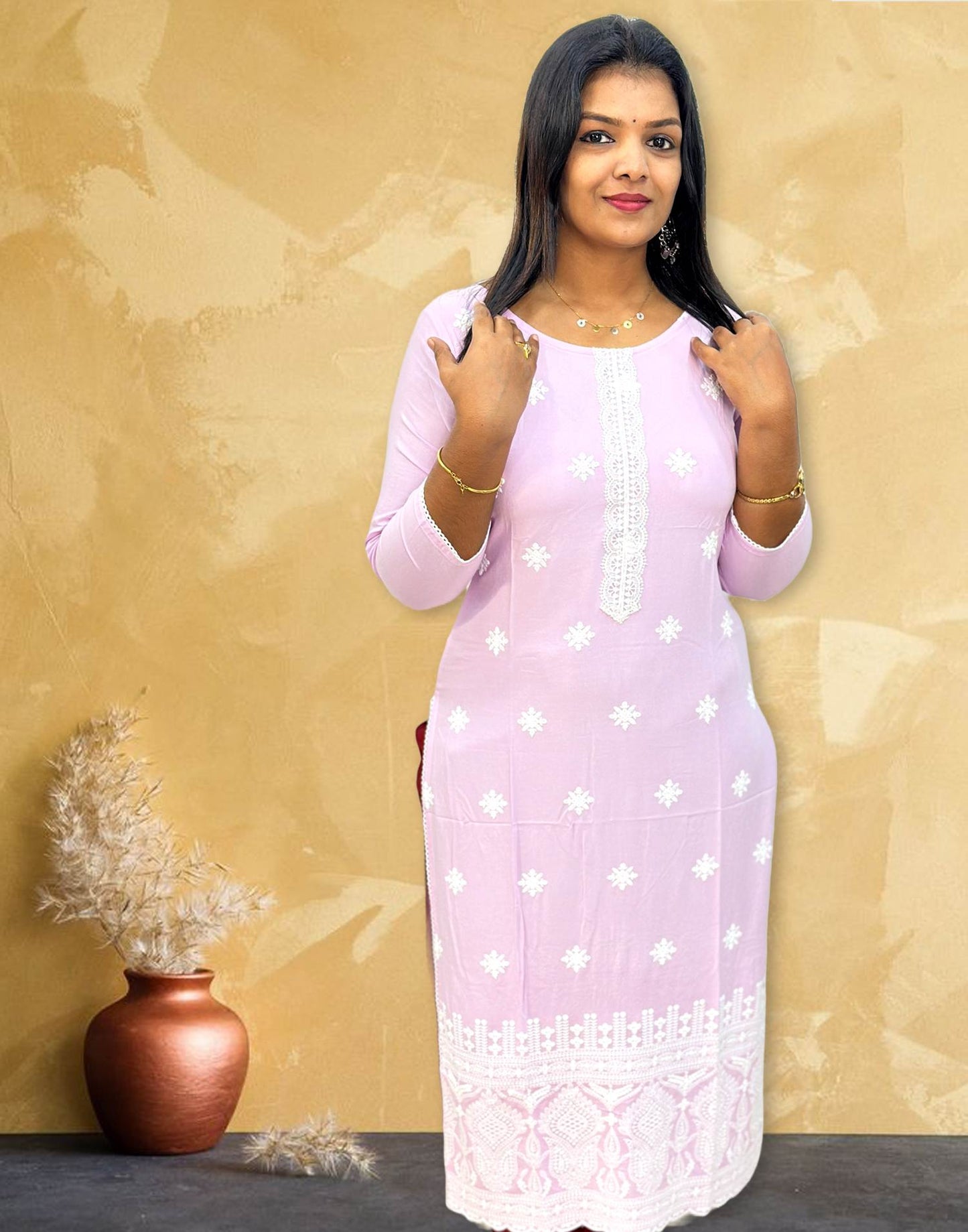 010824C (E3961) RAYON CHIKANKARI KURTI - Lailac