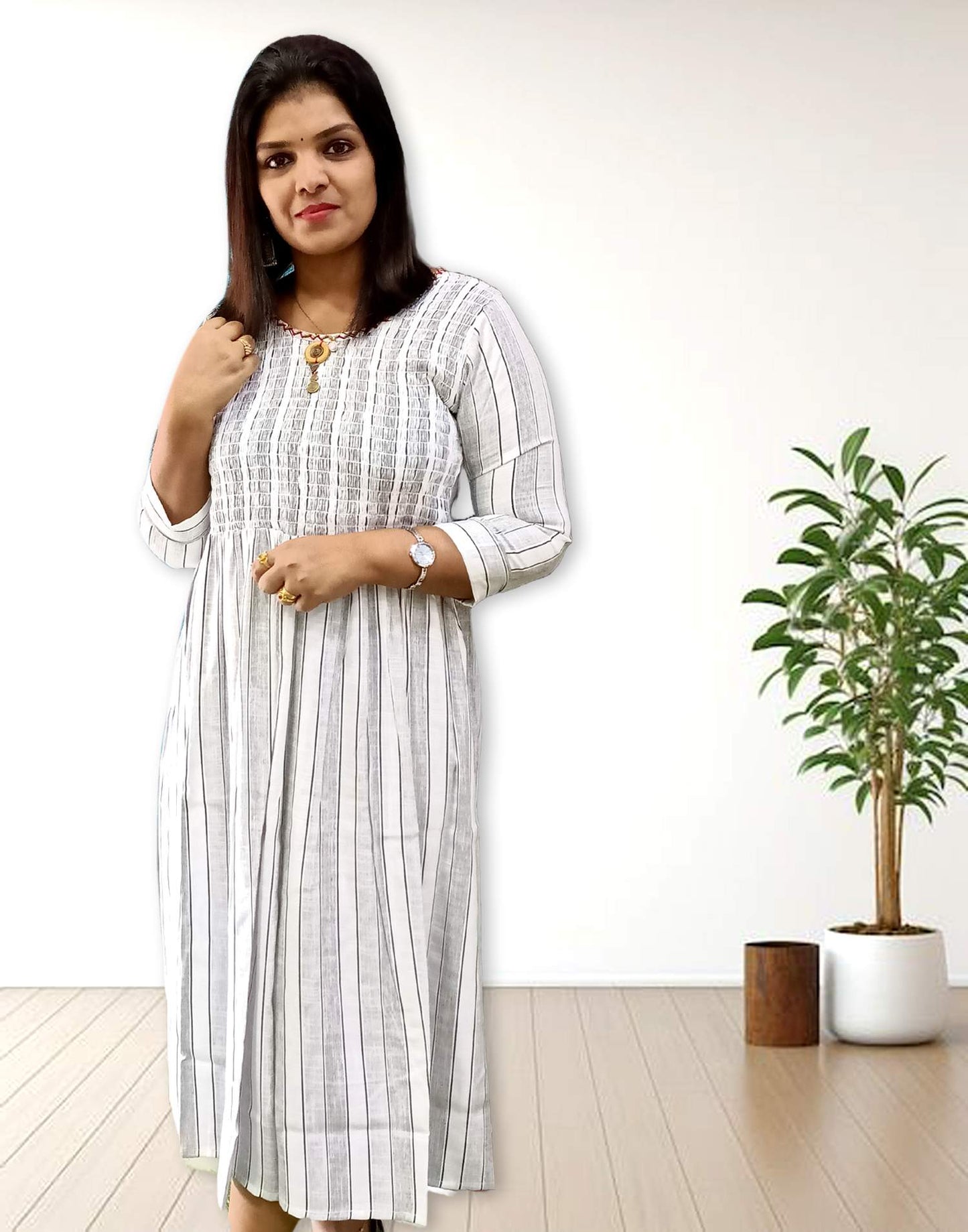 270724A (E1603) OFFER ZONE A-LINE KURTI - White & Gray