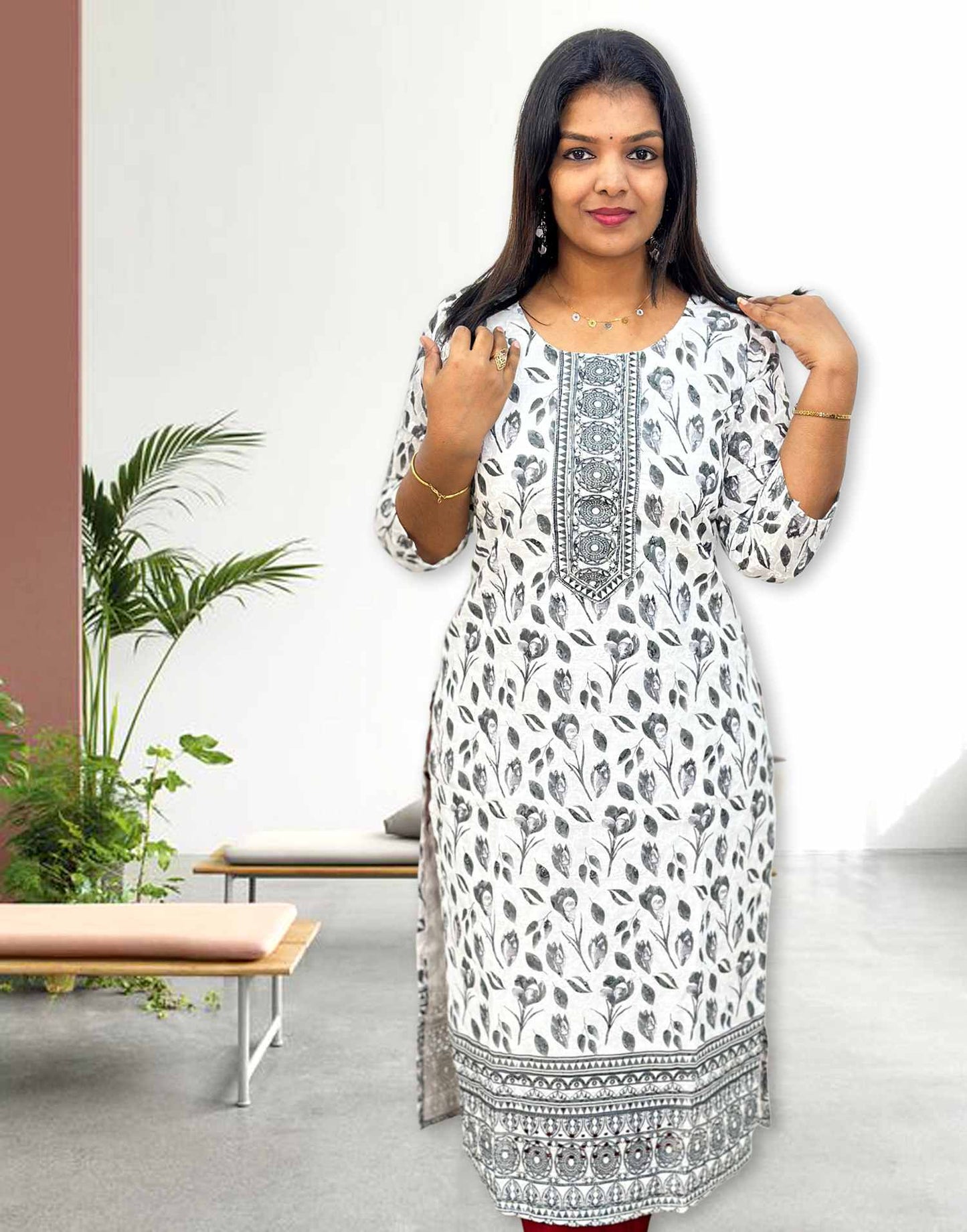 020824C (E3962) NEW ARRIVAL KURTI - Black & White