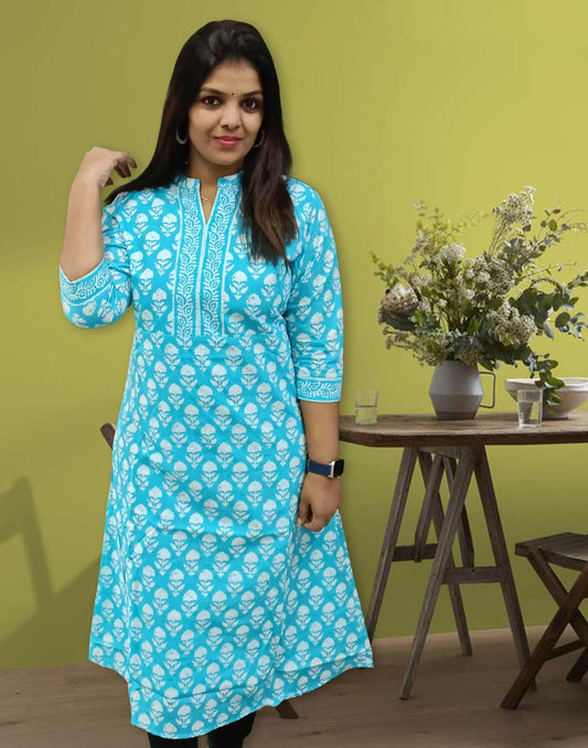 300724B (E1508) OFFER ZONE COLLAR KURTI - Blue