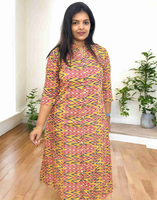 040225G (E5278) CASUAL A-LINE KURTI - Yellow Purple