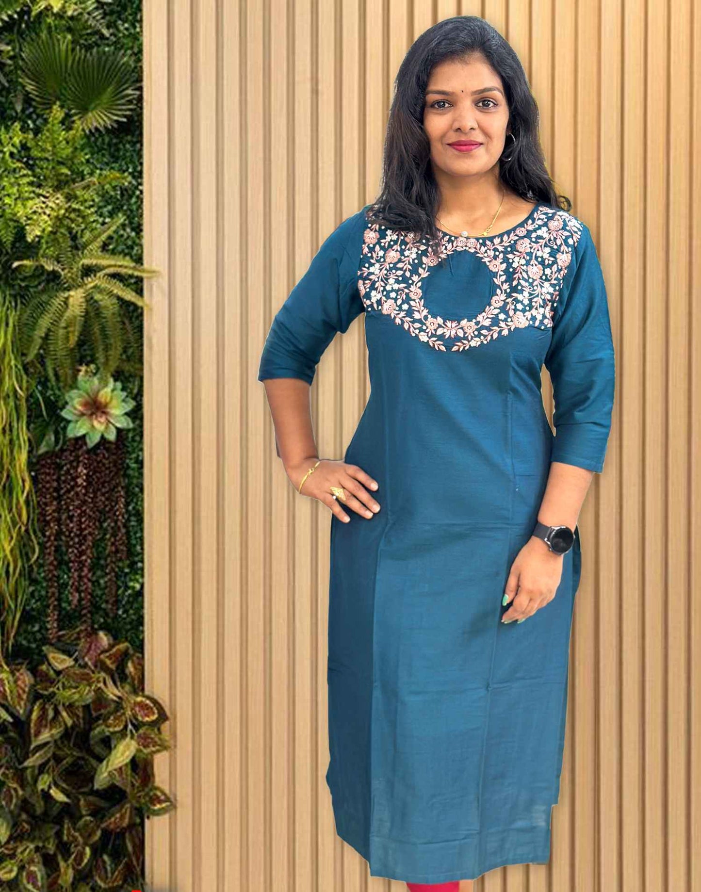 070724A (E3924) DESIGNER EMBROIDERY KURTI - Peacock Blue