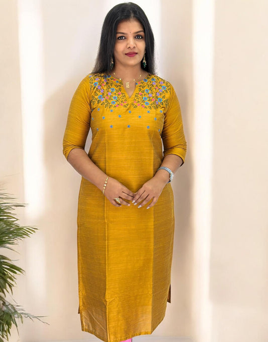 210325T DESIGNER EMBROIDERY KURTI - Mustard Yellow