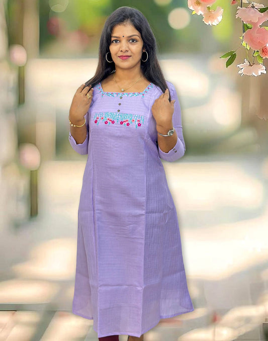 191124C (E4324) EMBROIDERY A-LINE KURTI - Lavender