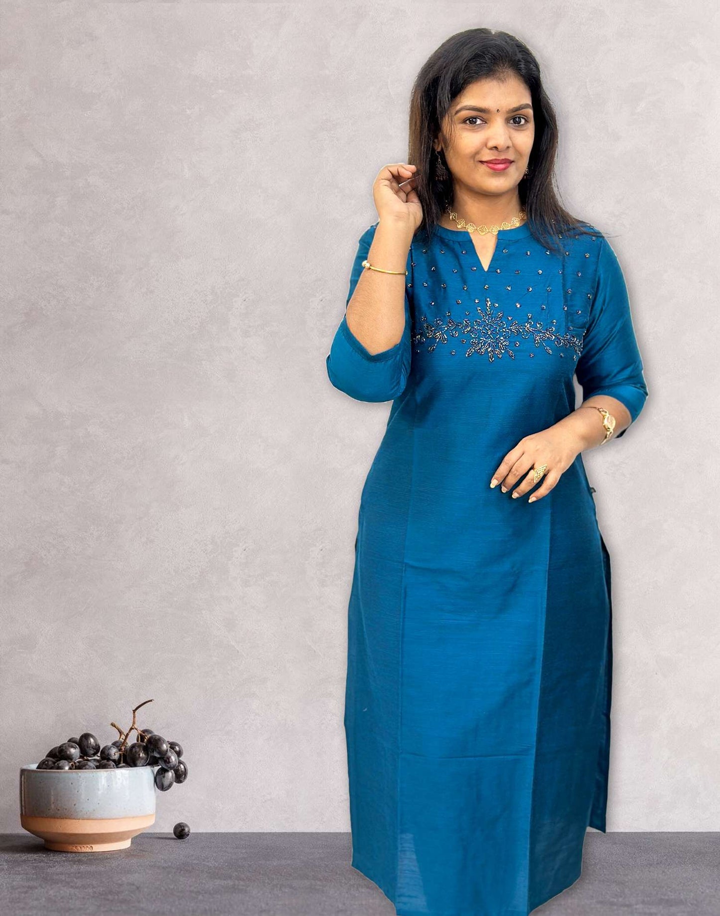 310524A (E3848) BRANDED HANDWORK KURTI - Teal Blue