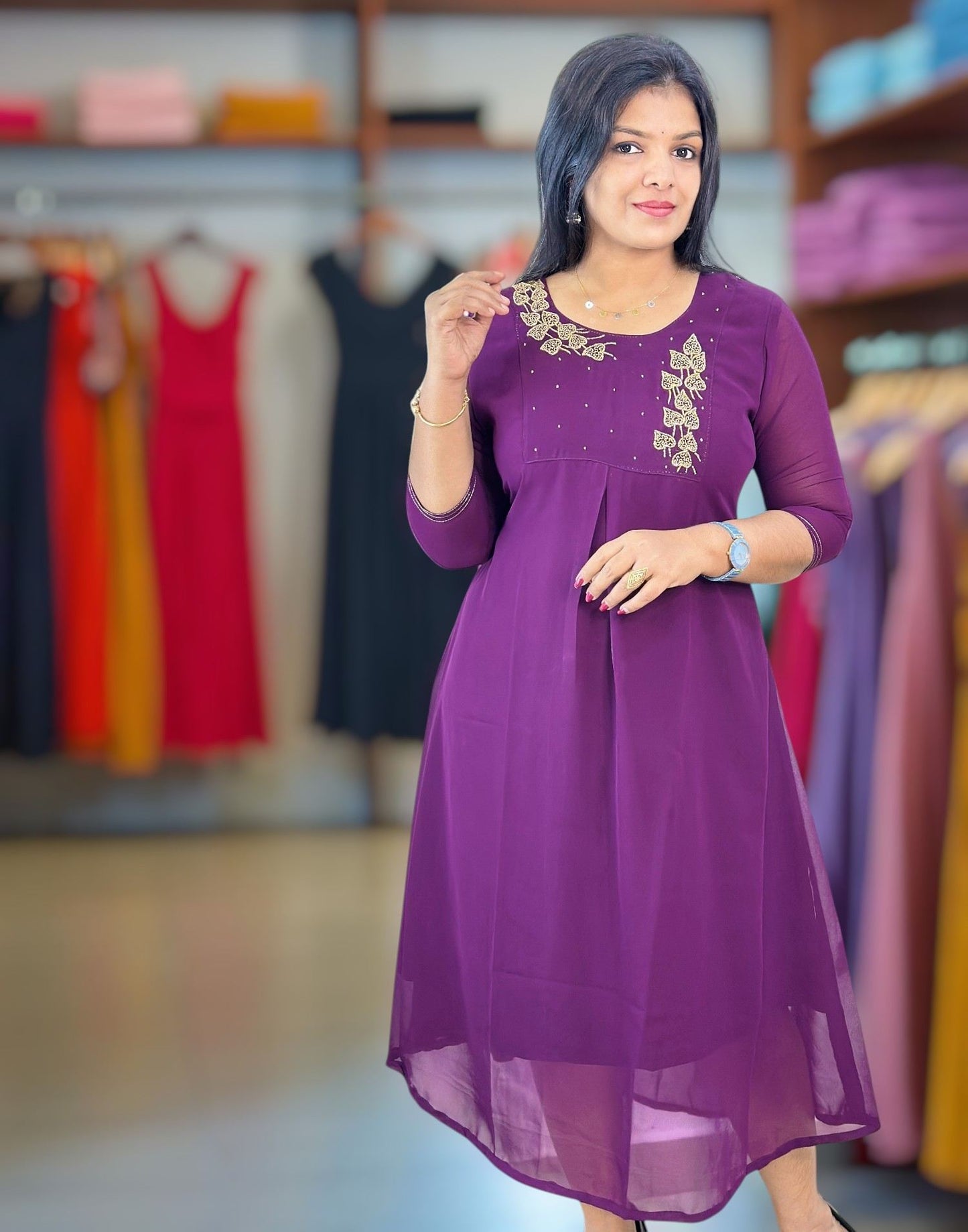 260825HK (E6407) GEORGETTE A-LINE KURTI - Dark Purple