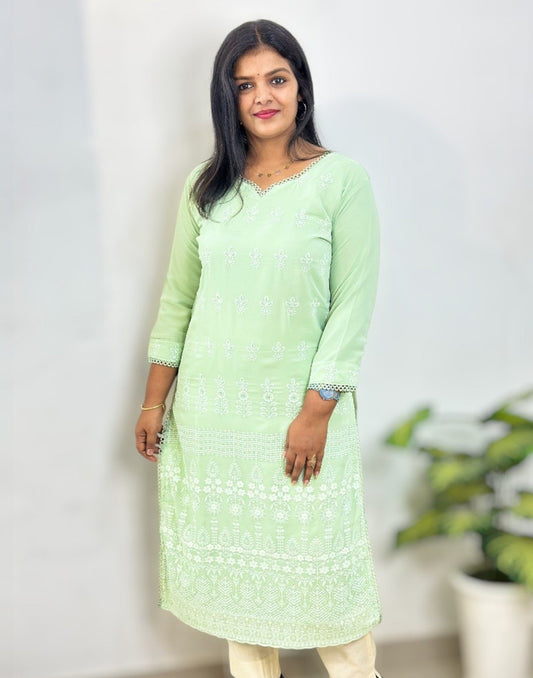 310825CK (E6425) GEORGETTE CHIKANKARI KURTI - Pastel Green