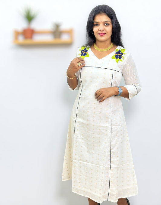 230825EK (E6415) ONAM SPECIAL EMBROIDERY A-LINE KURTI - Dark Blue