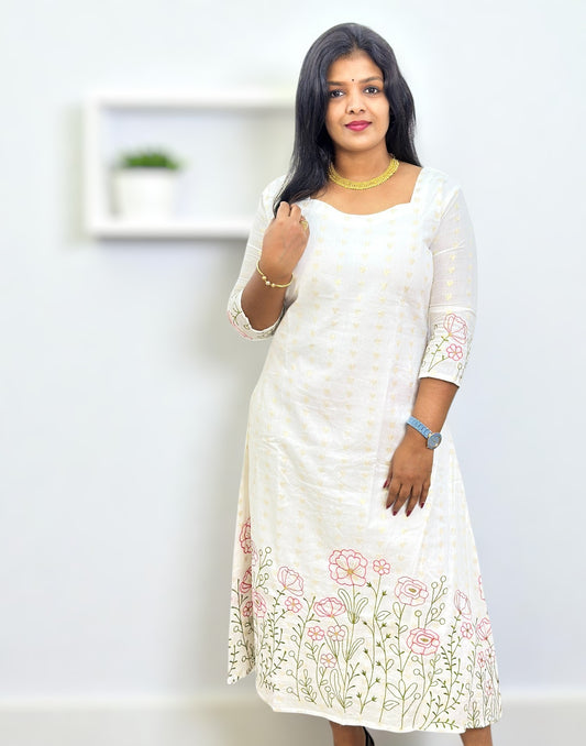 230825EK (E6389) ONAM SPECIAL EMBROIDERY A-LINE KURTI - Pink