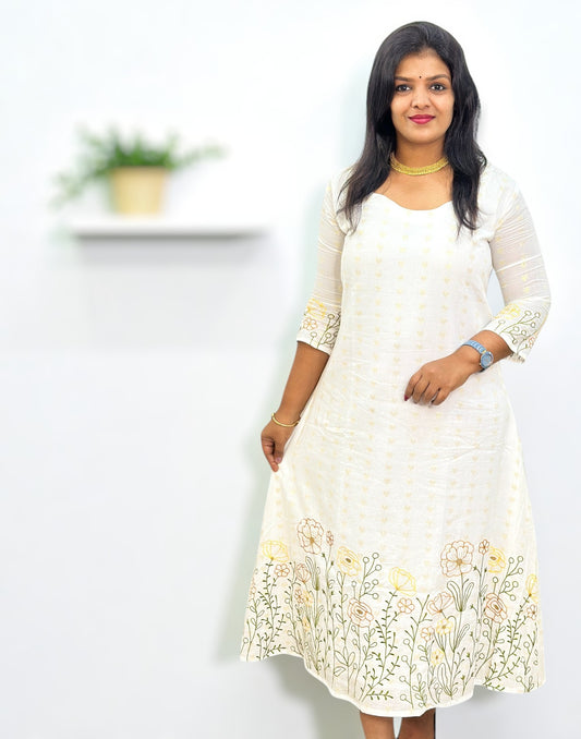 230825EK (E6389) ONAM SPECIAL EMBROIDERY A-LINE KURTI - Yellow