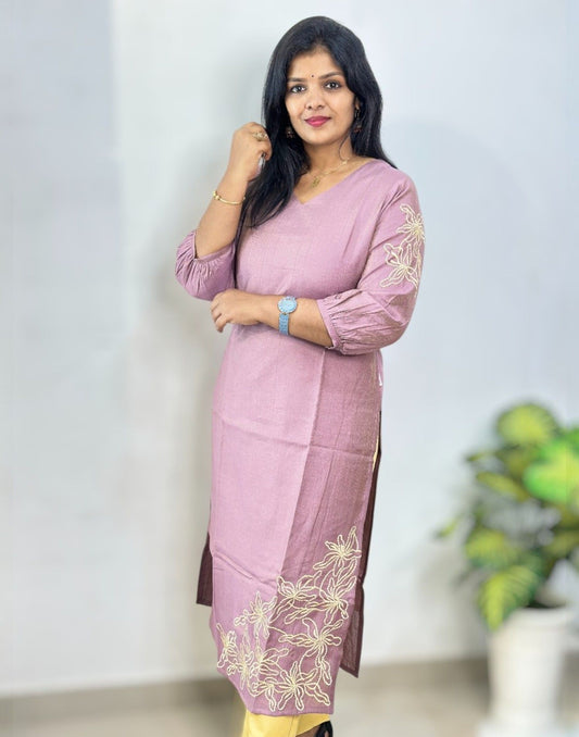 240825EK (E6394) EMBROIDERY KURTI - Onion Pink