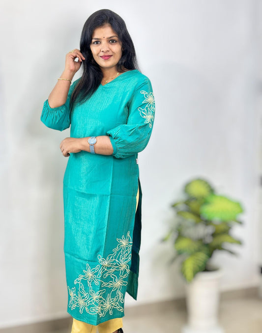 240825EK (E6394) EMBROIDERY KURTI - Rama Green