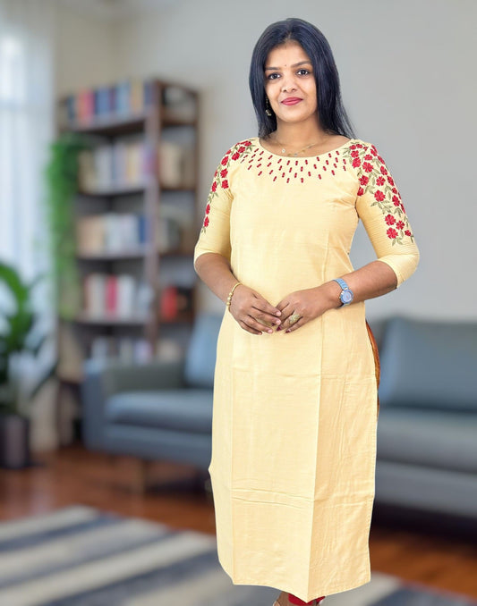 250825EK (E6441-6442) ONAM SPECIAL DESIGNER EMBROIDERY KURTI - Red Flower