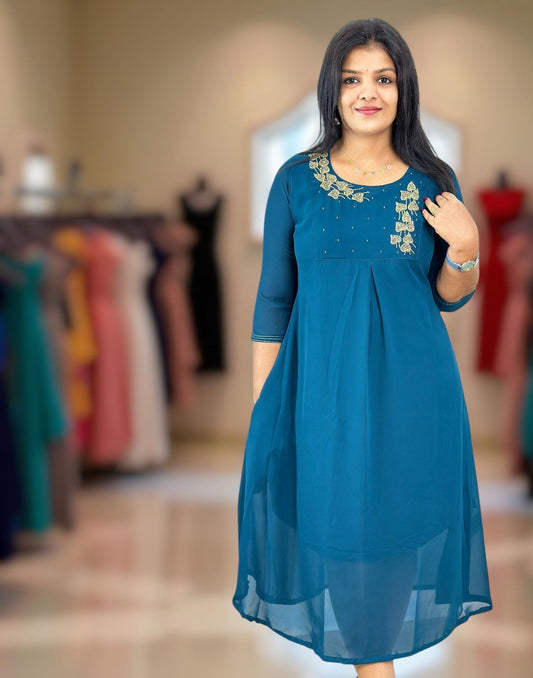 260825HK (E6407) GEORGETTE A-LINE KURTI - Peacock Blue