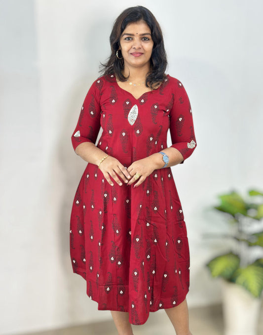 291225AK (E6681) A-LINE KURTI - Maroon - ELENTRA DESIGNS BY NIMI HEINS