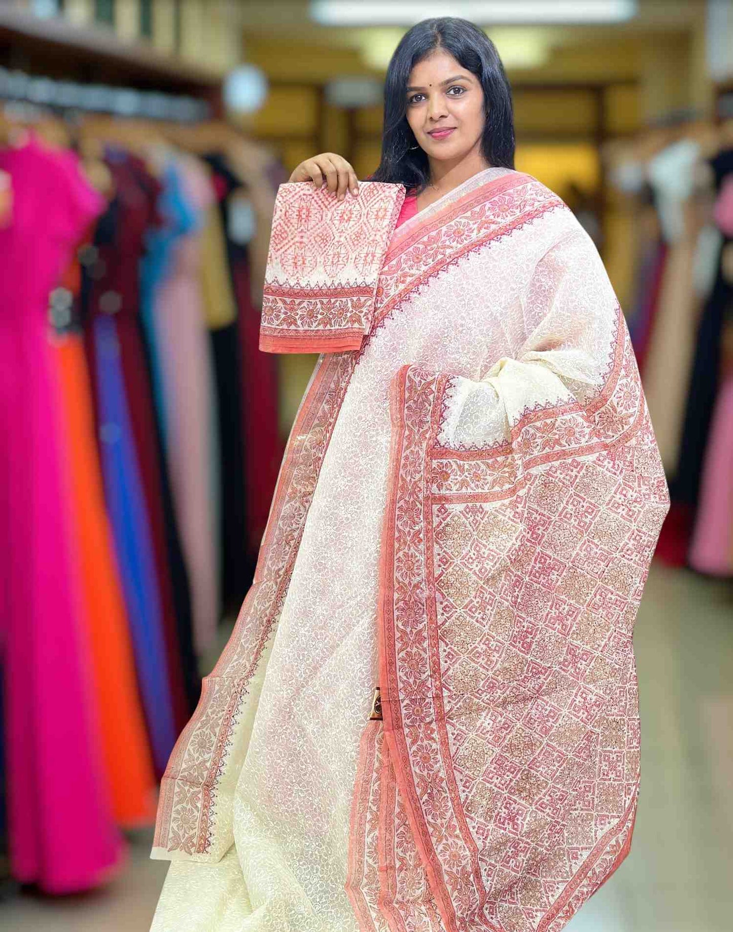 240925S (E6354) KOTA COTTON PHULKARI SAREE - Peach