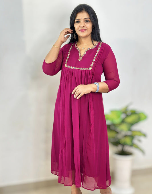 131125EK (E6573) GEORGETTE A-LINE KURTI - Wine