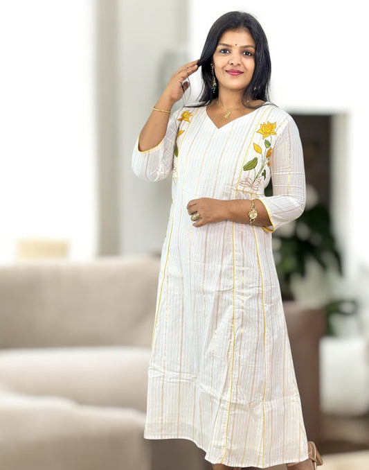 300825EK (E6389) ONAM SPECIAL EMBROIDERY A-LINE KURTI - Yellow