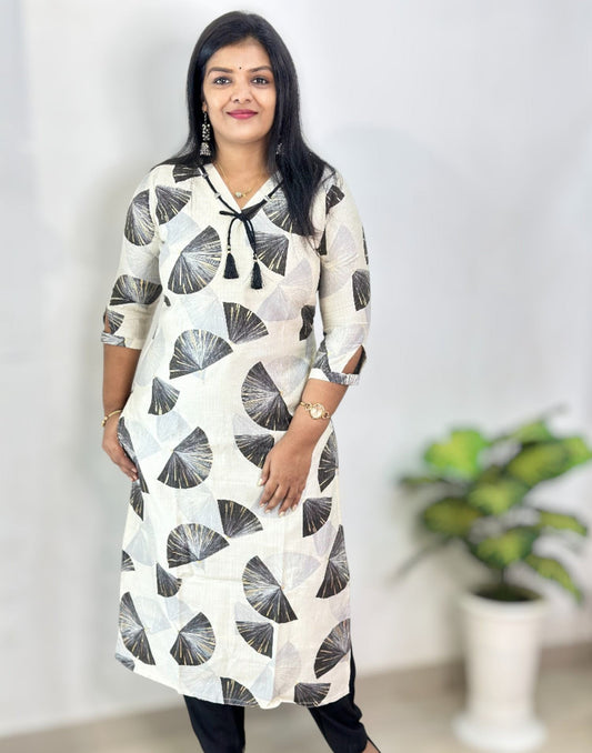 081125CS (E6615) KURTI SET - Cream n Black