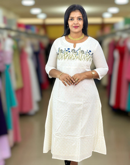 210825EK (E6388) ONAM SPECIAL EMBROIDERY A-LINE KURTI - Blue