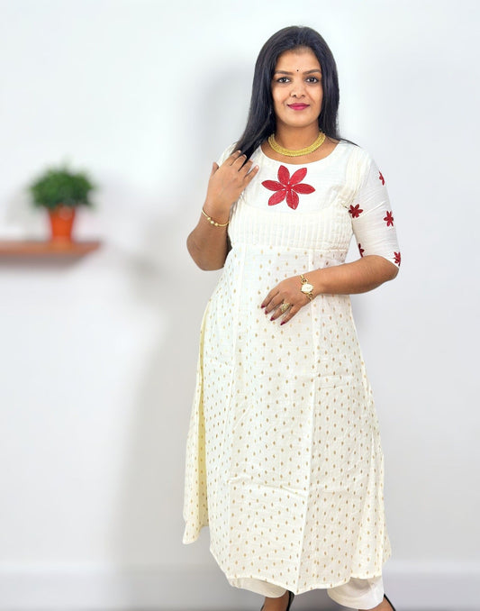 200825EK (E6390) ONAM SPECIAL SEMI ANARKALI CO-ORD SET - Cream n Maroon