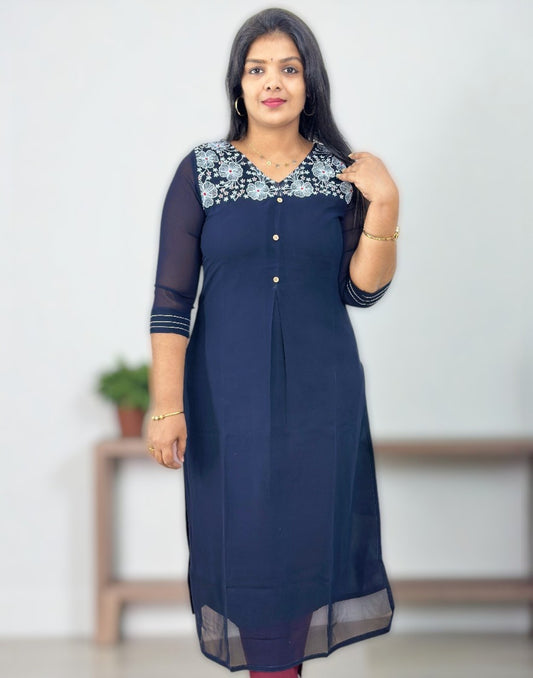 130925EK - GEORGETTE EMBROIDERY KURTI - Dark Blue